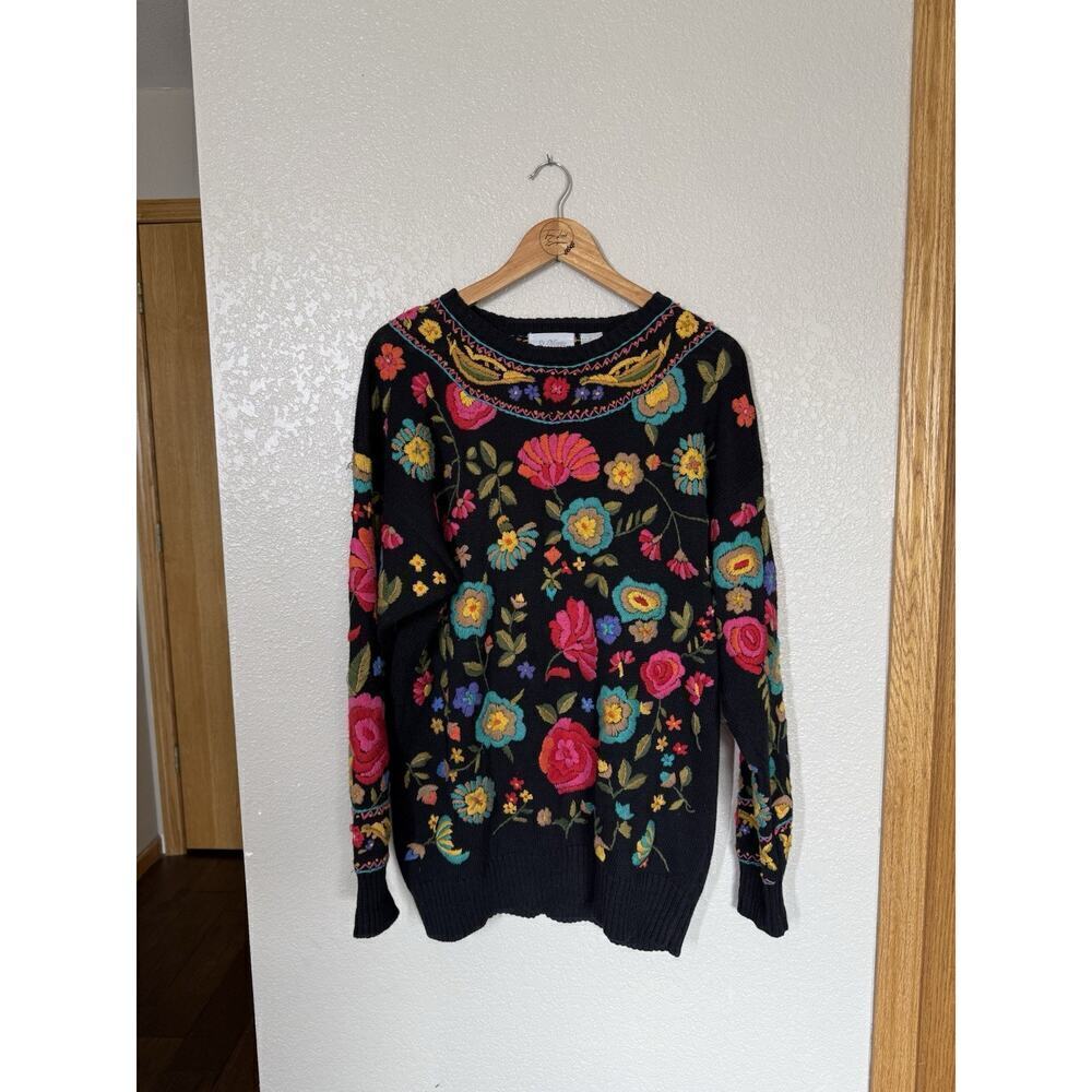 Vintage St. Moritz Floral Embroidered Knit Sweater Medium Colorful Ramie Cotton